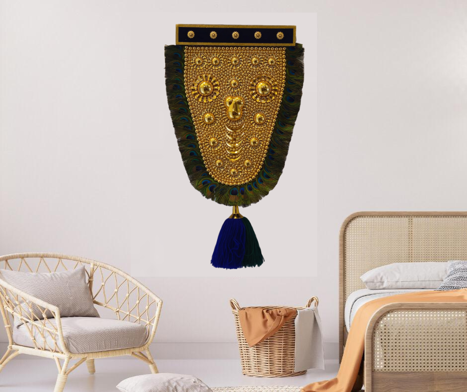 1.5 Feet Nettipattam with mayilpeeli (Caparison), 100% Hand Crafted Polymer Golden Finish Wall Hanging Netipattom with mayilpeeli by Trained and Experienced Artisans from Kerala