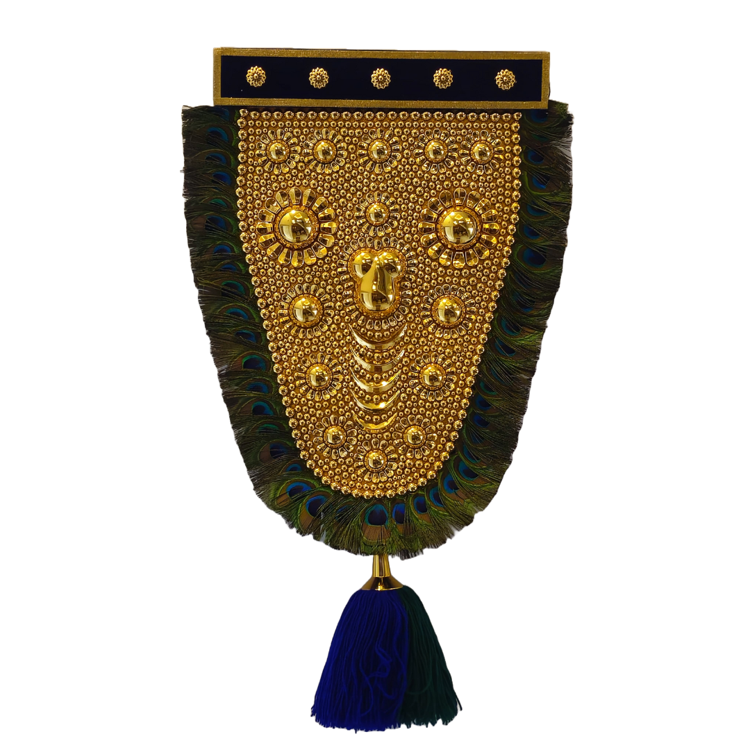 1.5 Feet Nettipattam with mayilpeeli (Caparison), 100% Hand Crafted Polymer Golden Finish Wall Hanging Netipattom with mayilpeeli by Trained and Experienced Artisans from Kerala