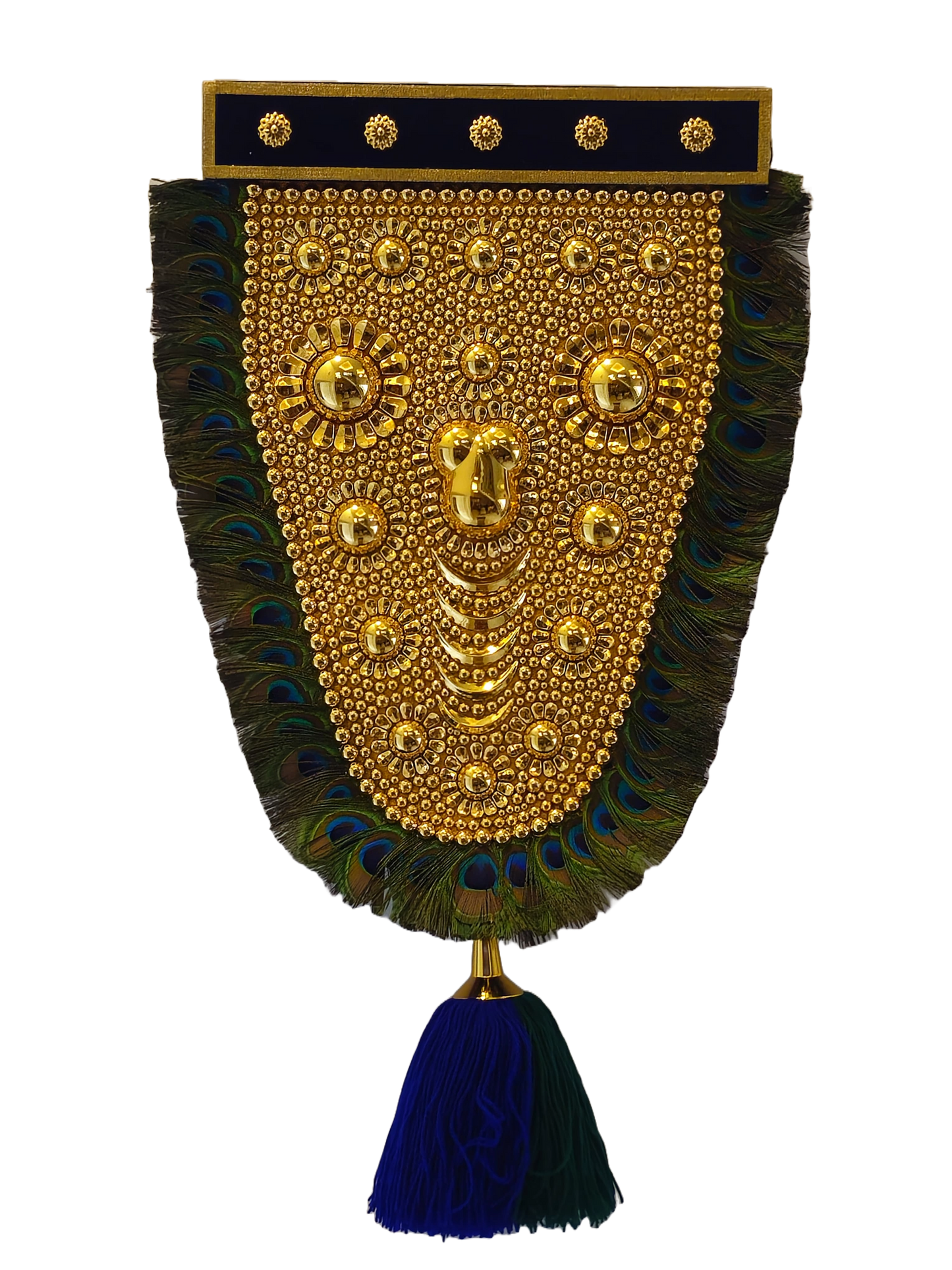 1.5 Feet Nettipattam with mayilpeeli (Caparison), 100% Hand Crafted Polymer Golden Finish Wall Hanging Netipattom with mayilpeeli by Trained and Experienced Artisans from Kerala