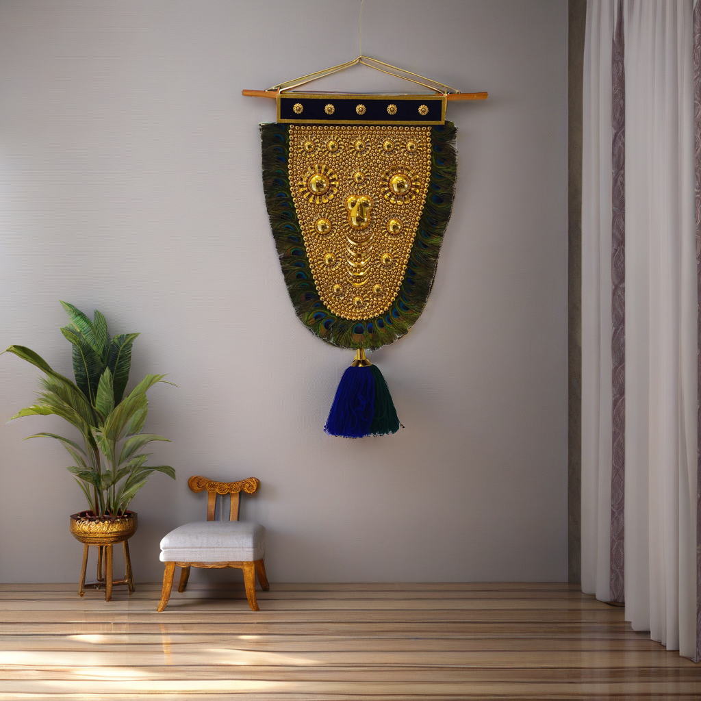 1.5 Feet Nettipattam with mayilpeeli (Caparison), 100% Hand Crafted Polymer Golden Finish Wall Hanging Netipattom with mayilpeeli by Trained and Experienced Artisans from Kerala