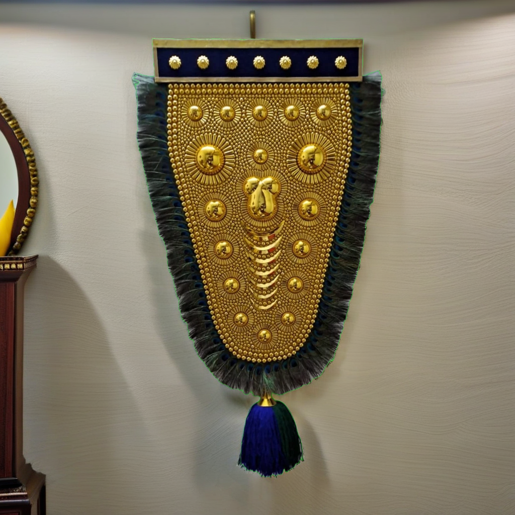 2.5 Feet Nettipattam with mayilpeeli (Caparison), 100% Hand Crafted Polymer Golden Finish Wall Hanging Netipattom with mayilpeeli by Trained and Experienced Artisans from Kerala