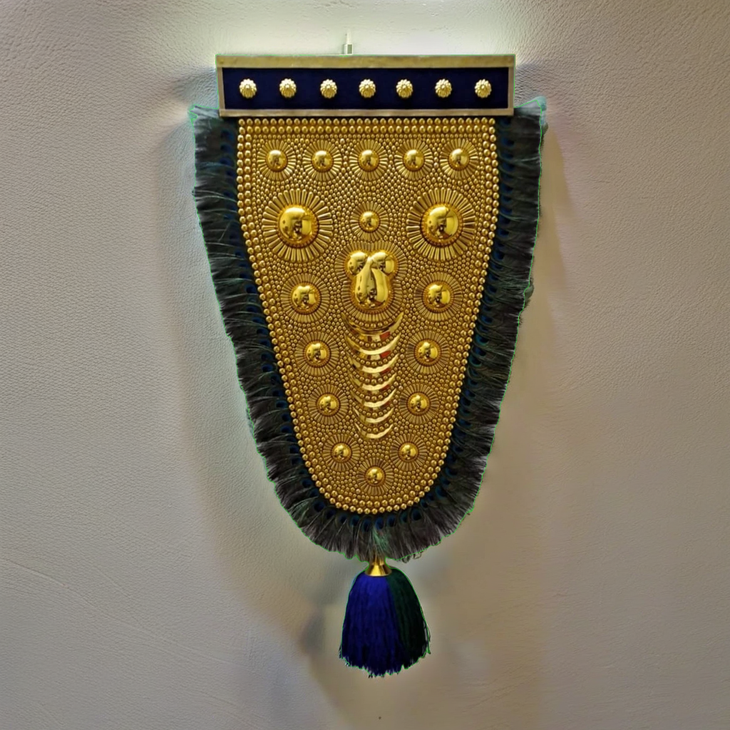 2.5 Feet Nettipattam with mayilpeeli (Caparison), 100% Hand Crafted Polymer Golden Finish Wall Hanging Netipattom with mayilpeeli by Trained and Experienced Artisans from Kerala